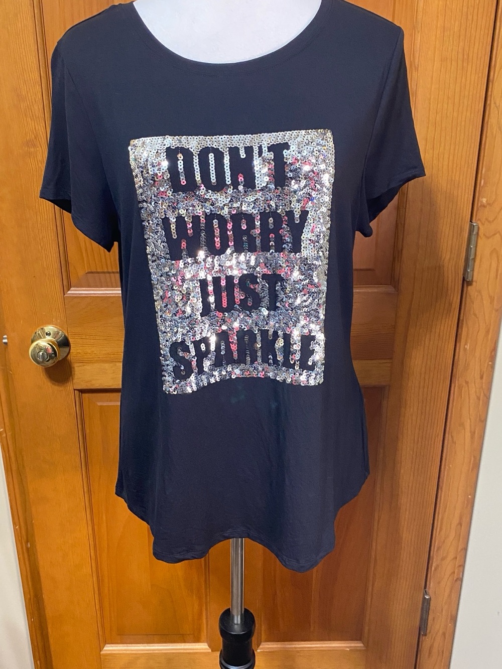 NWOT International Concepts Black Sequin Graphic Tee - DON'T WORRY JUST SPARKLE - Picture 2 of 5